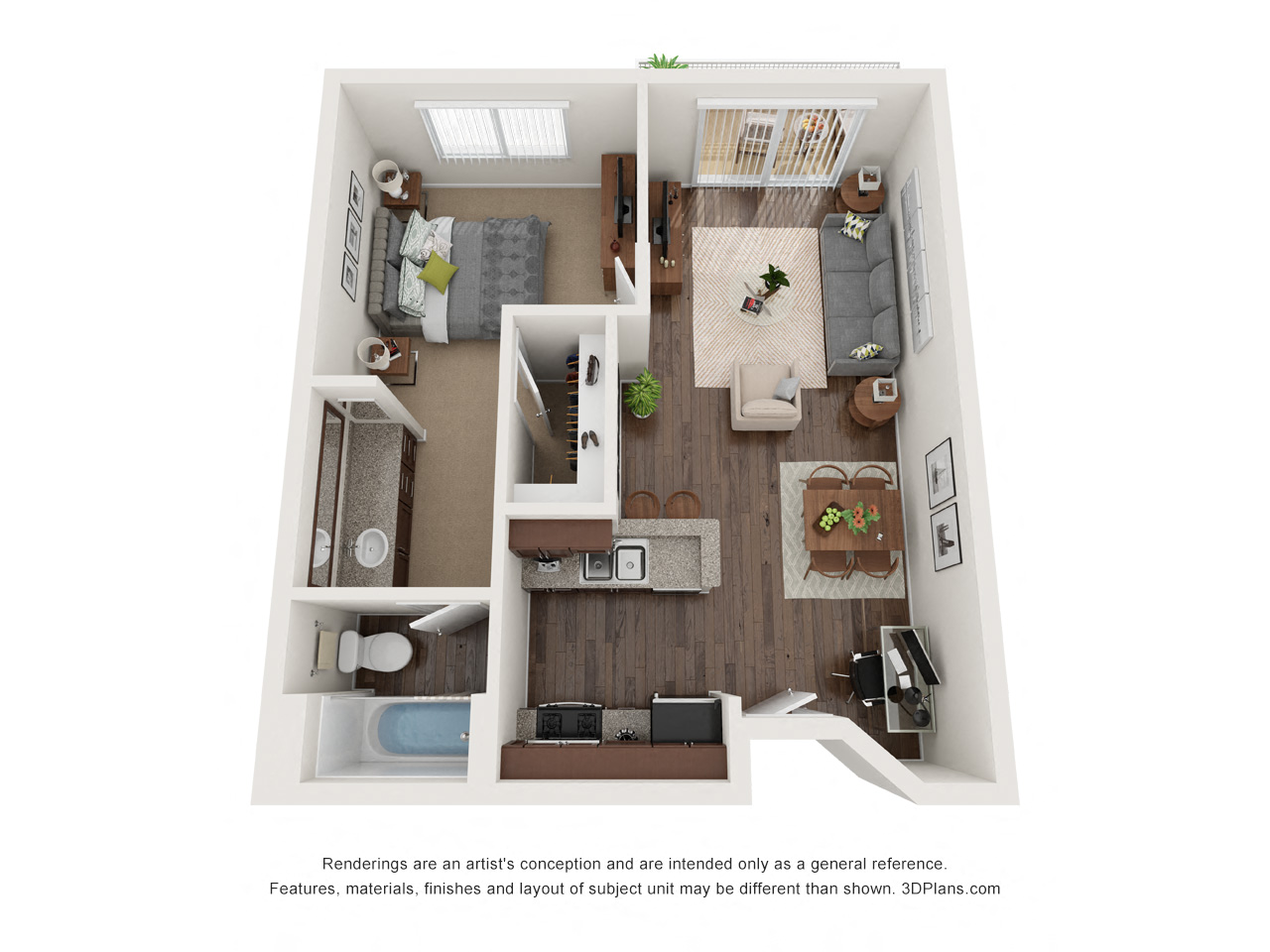 Floor plan for 1 bed, 1 bath, 636 sqft